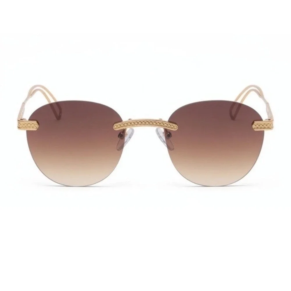 Men Gold Rimless Round Sunglasses Brown Lens Vintage‎ Metal Frame UV400 Hip Hop